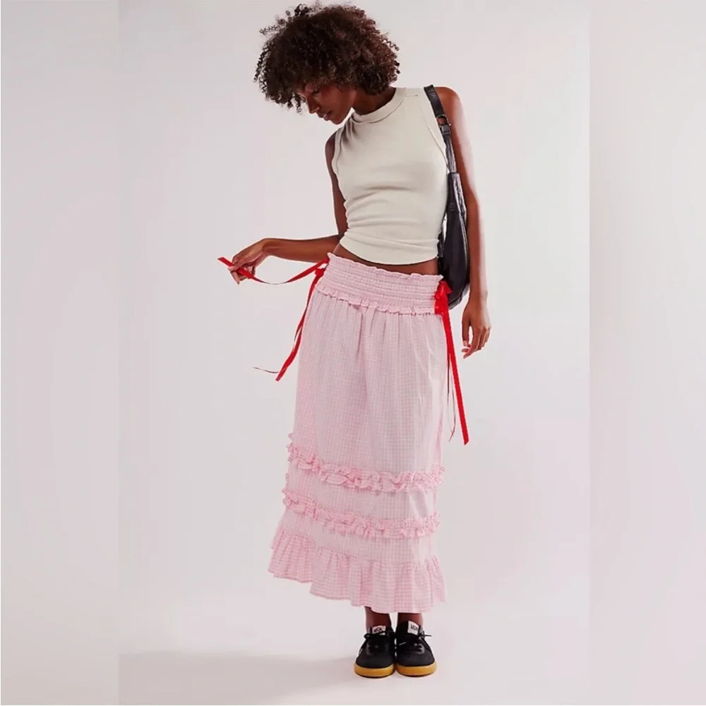 Damson Madder x Free People Pink Gingham Olivia Ruffle Midi Skirt Size 14, US 10 - Picture 5 of 16